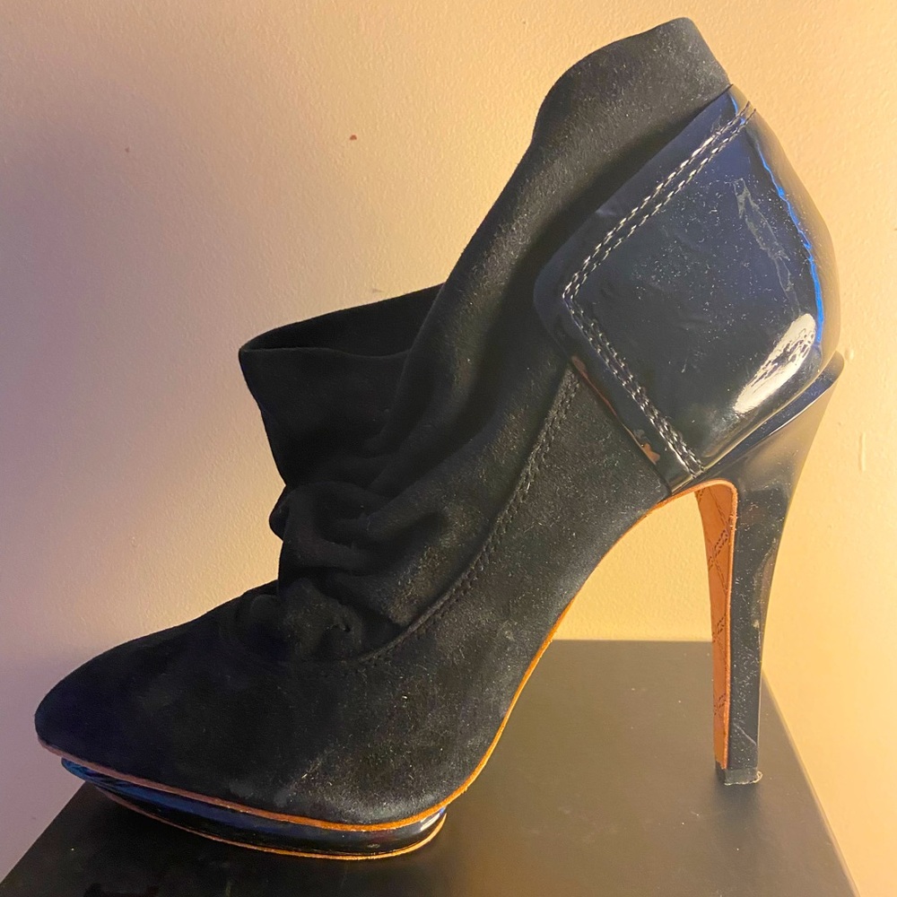 L.A.M.B. Black Suede and Patent 5” Heeled Booties